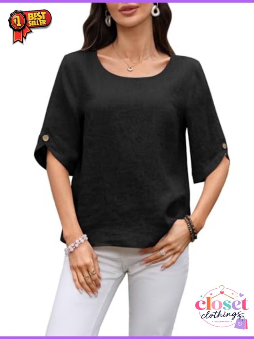 Women's 100% Linen 3/4 Sleeve Blouse Button Crewneck Top